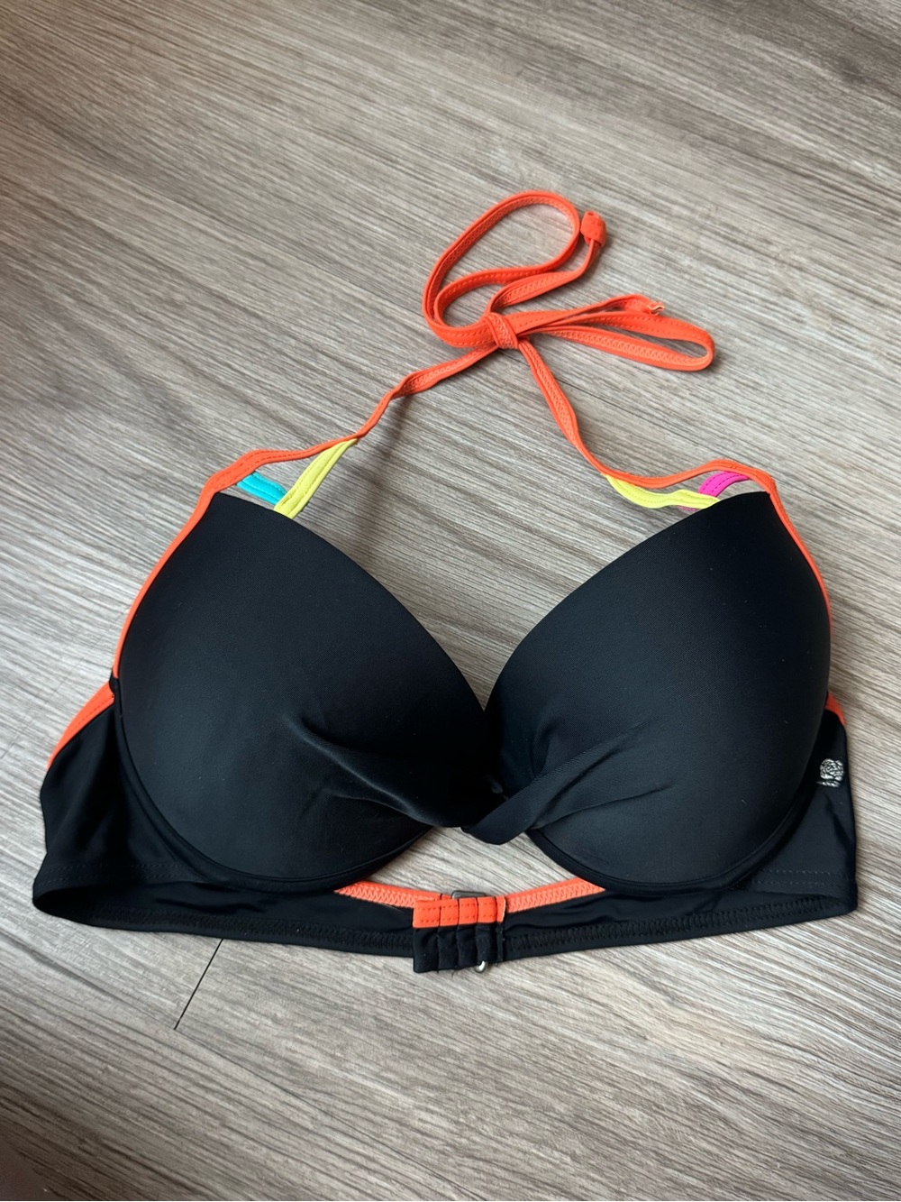 La Vie en Rose Aqua Black Bikini Top with Neon Straps Size Medium